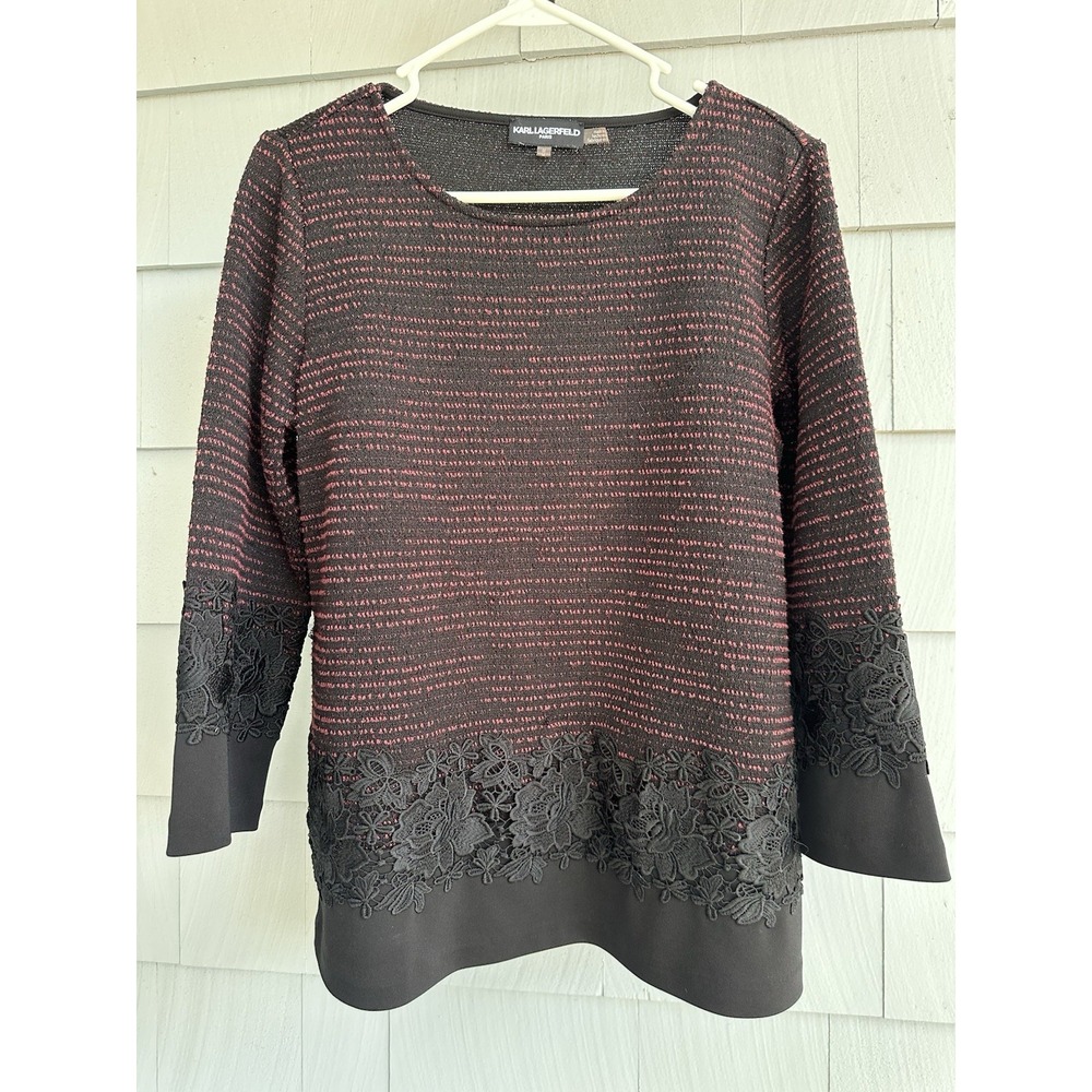 Karl Lagerfeld Paris Black Red Knit Top Lace Trim Sweater Blouse Medium M